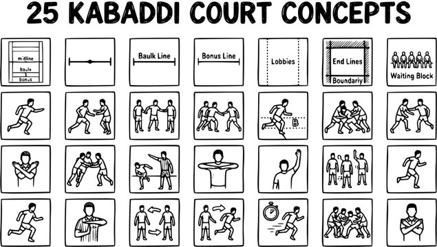 25 Kabaddi Court Concepts - Black and White Line Art for Sports and Game Design