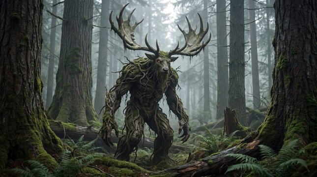 Ancient forest spirit monster with antlers in misty woods