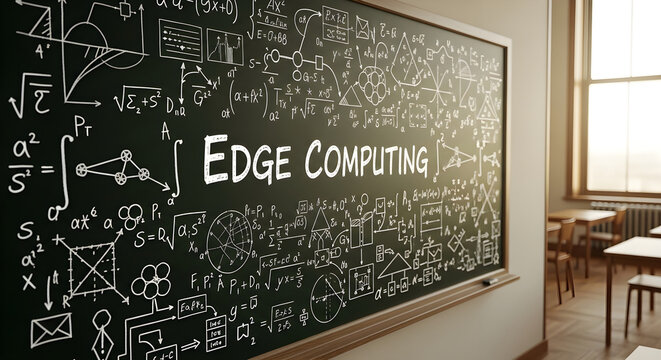 Classroom chalkboard with the words edge computing written in the center surrounded by complex mathematical formulas and equations