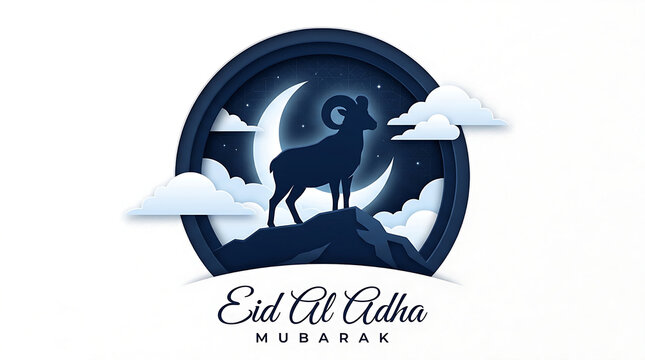Eid al-Adha Mubarak paper cut illustration with ram silhouette on hill. Islamic festival of sacrifice greeting card with crescent moon and clouds. Muslim holiday celebration banner.