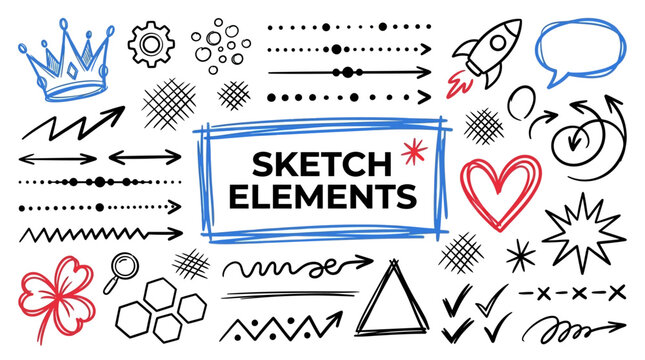 Diverse Collection of Hand-Drawn Sketch Elements for Creative Graphic Design and Doodle Art Projects