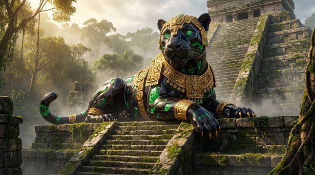 Ancient Mesoamerican jaguar statue at misty jungle temple ruins