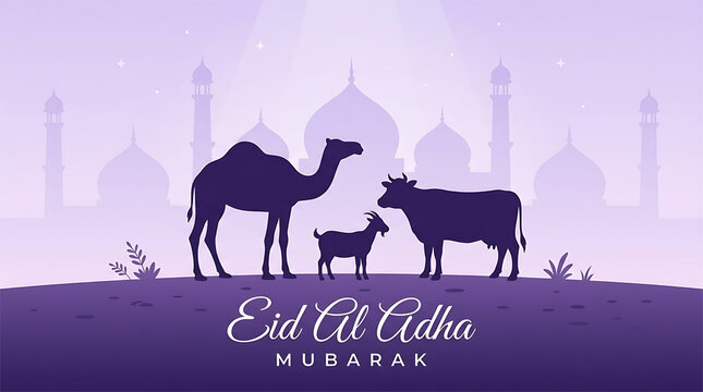 Eid al-Adha Mubarak flat design illustration with camel, cow, and goat silhouette. Islamic festival of sacrifice poster with mosque background. Muslim holiday greeting card banner.