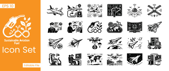Sustainable Aviation Fuel and Eco Friendly Aerospace Icon Set Green Travel Future Air Transportation, and Autonomous Aviation Pictograms © emocarft