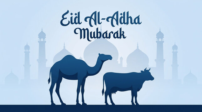 Eid al-Adha Mubarak greeting card with camel and cow silhouette. Islamic festival of sacrifice banner with mosque background. Muslim holiday celebration vector illustration.