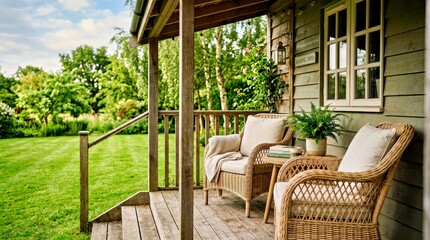 Fototapeta premium Wicker Armchairs and Small Table on Wooden Porch of Rustic Cottage Overlooking Green Garden Wicker Armchair