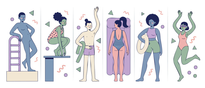 People swimming pool set summer lifestyle illustration, diverse characters in swimwear on diving board and floating, flat vector graphic design for vacation holiday concept art with abstract shapes.