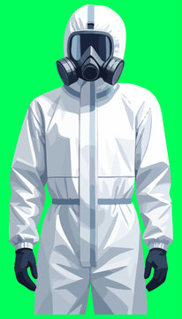 Half body protective coverall suit with twin filter gas mask illustration for occupational safety training manual