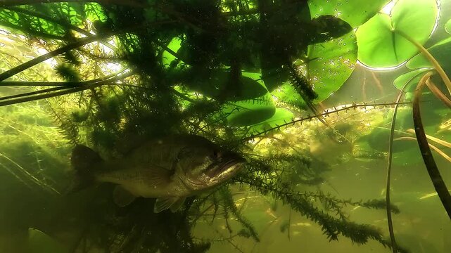 Low angle underwater view of largemouth bass - Micropterus salmoides - weaving through dense water lily stems with bright reflective scales in a French lake. Predator moving through natural cover.
