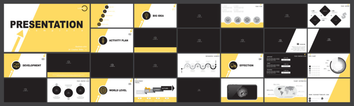 Business presentation template. Set, infographic elements, yellow design, white background. Financial building, powerpoint. Slideshow, corporate annual report, photo, smartphone. Vector illustrations