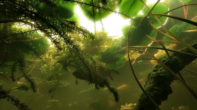 Low angle underwater view of largemouth bass - Micropterus salmoides - gliding beneath floating water lilies in a French lake. Freshwater predator moving through natural cover.