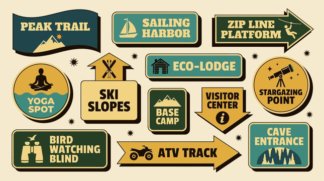 Collection of outdoor adventure signs with different activities and locations like zip line, ATV, yoga, and ski slopes