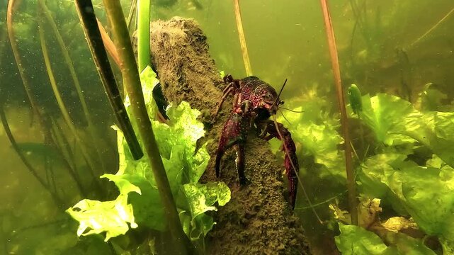 Close underwater view of red swamp crayfish - Procambarus clarkii - facing the camera with bright red legs in a French freshwater habitat. Invasive crustacean species known for strong adaptability.