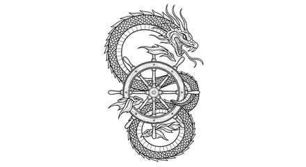 Fototapeta premium Detailed sea dragon wrapped around nautical ship helm.