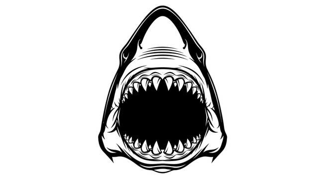 Detailed shark head illustration with open jaws and teeth.
