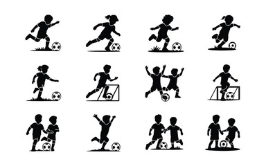 Collection of children playing soccer in minimalist black silhouettes on white background © Pronab