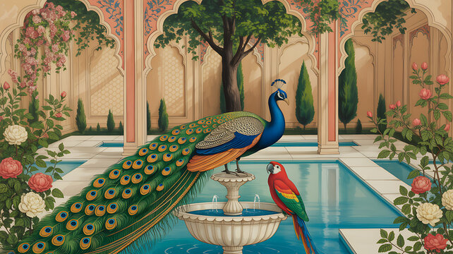 An ornate Mughal pichwai art-inspired illustration for wallpaper, featuring a detailed garden scene with a peacock by a lotus pond, framed by an elaborate arch. The design is rich in traditional