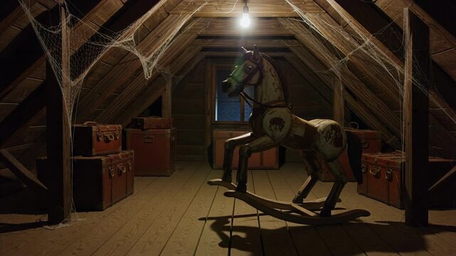 Eerie historical attic interior featuring a vintage wooden rocking horse swaying spontaneously, tailored for supernatural horror film productions.