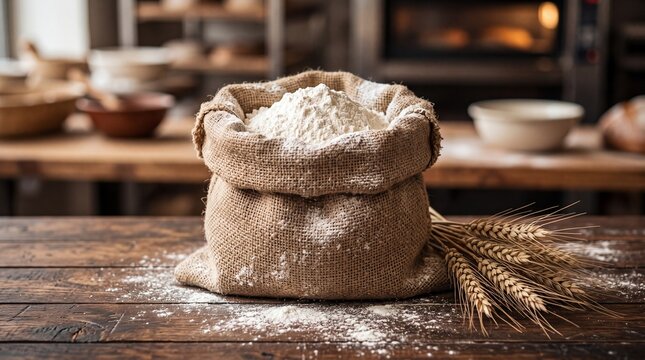Flour in a burlap sack sits on a wooden table in a kitchen with baked goods in the background