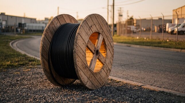 Large wooden spool with black cable placed on a gravel road near industrial area during sunset