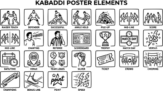 Black and White Line Art Kabaddi Sport Poster Elements Icons