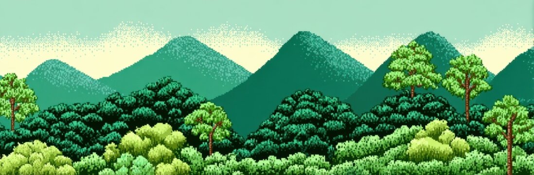 Calm pixel art jungle landscape with green mountains and dense trees