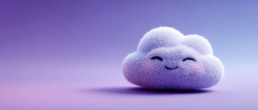 Cute furry cloud character smiles on a soft purple gradient background, suitable for children&rsquo;s products, branding, or playful design projects.