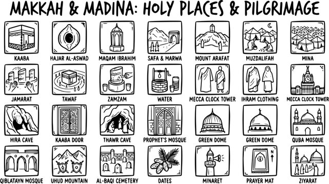 Black and White Line Art Illustration of Islamic Holy Places and Pilgrimage Symbols
