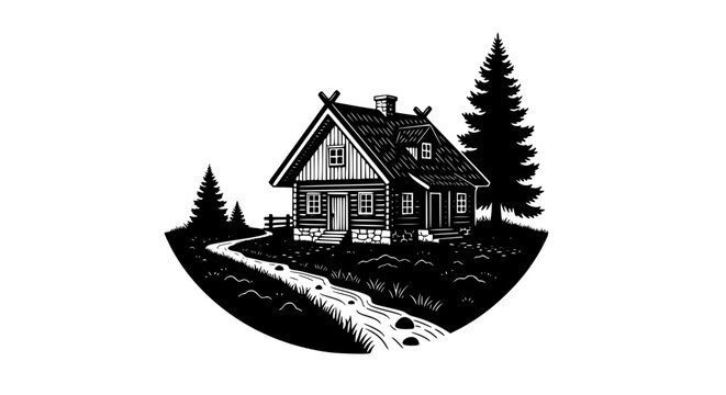 Black and White Woodcut Illustration of a Rustic Log Cabin in Forest