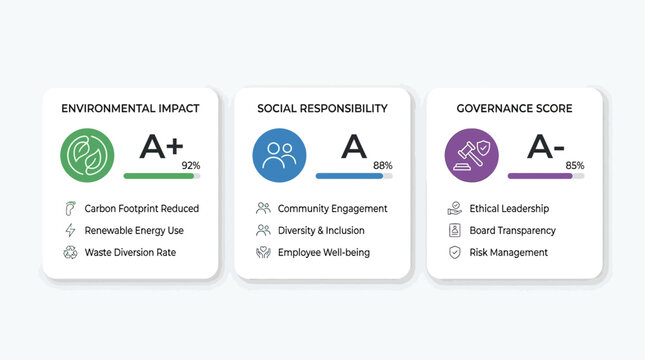 Three infographic cards displaying environmental impact, social responsibility, and governance scores with detailed metrics and letter grades, illustrating corporate sustainability performance.