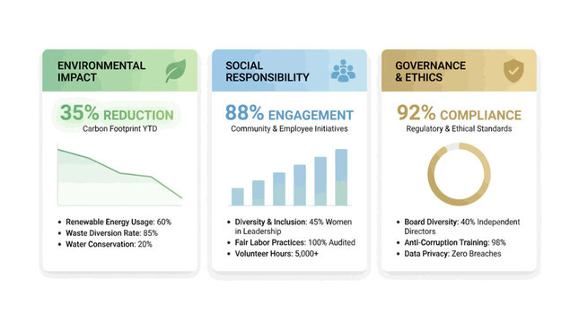 Three infographic cards displaying environmental impact, social responsibility, and governance & ethics metrics with charts and key performance indicators.