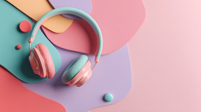 Pastel-colored headphones rest atop layered, abstract shapes in complementary colors, suggesting a playful, modern design with a clean aesthetic