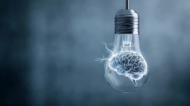 Brain exploding inside lightbulb during electrical surge against smoky background with cinematic motion