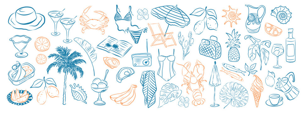 Amalfi summer vacation doodle style Hand drawn sketch coastal palm tree, cocktails, seafood, tropical fruits, swimsuits beach accessories Mediterranean Italy line art vacation La dolce vita sicily