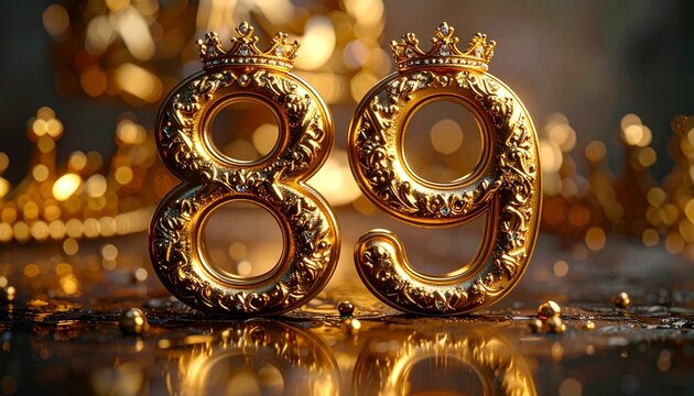 Luxury golden number 89 with royal crown ornaments and cinematic luxury reflections
