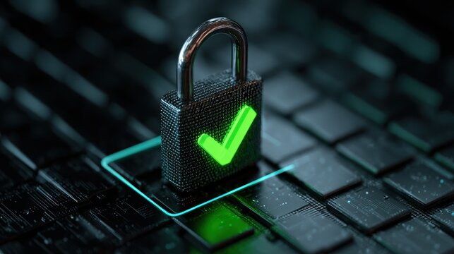 A close-up of a textured, metallic padlock featuring a glowing green check mark. The lock rests on a dark keyboard, with a blurred background