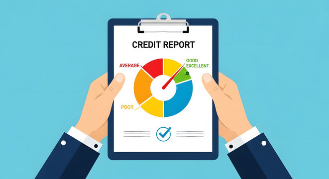 Hands holding clipboard with credit report and pie chart image