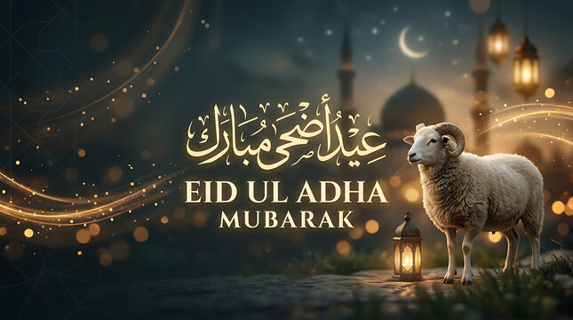 Elegant Eid ul Adha Mubarak Night Scene with Ram and Lantern