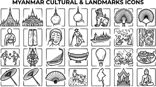 Myanmar Cultural  Landmarks Icons Black and White Line Art Set. Hand-drawn Outline Symbols of Burmese Heritage, Travel, and Traditional Life.