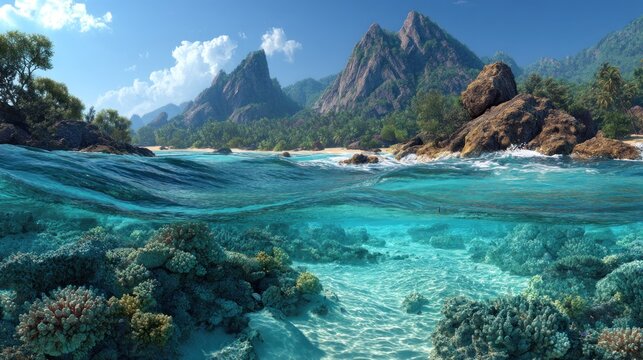 Tropical beach and coral reef split view.  Crystal-clear turquoise water reveals vibrant coral formations and a tranquil, sun-drenched beach with towering mountains in the background