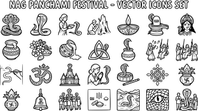 Nag Panchami Festival Vector Icons Set - Hindu Tradition  Indian Culture Outline Line Art Doodles with Snakes, Worship, Rituals, and Religious Symbols.