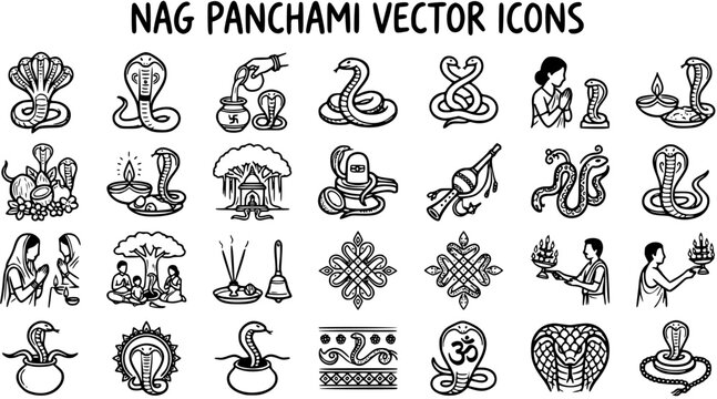 Nag Panchami Hindu Festival Line Art Vector Icons Set for Indian Religious Snake Worship Celebration