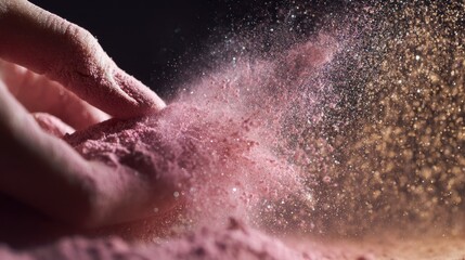 Fototapeta premium A hand gently stirs a vibrant pink powder, causing a cloud of rose and gold dust to erupt and swirl in a dramatic, ethereal display against a dark backdrop. 