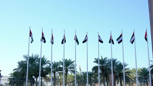 Multiple UAE flags waving in a park against a clear sky. A vibrant and patriotic scene symbolizing national pride and unity in a serene outdoor setting