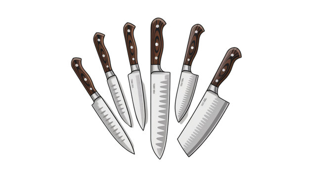 Set of five chef knives on wooden block Vector