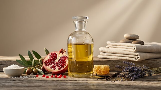 Komposisi botol minyak zaitun bersama buah delima madu dan lavender melambangkan kemewahan perawatan spa dan kecantikan alami yang menenangkan