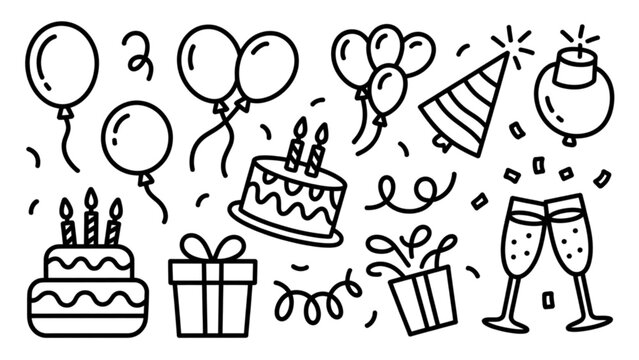 Celebration party icons with balloons, cake, and party hats Vector