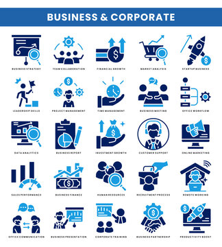 Business and Corporate Blue Glyph Icon Pack with 25 Office, Finance, Marketing and Management Concepts