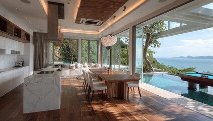 Fototapeta premium Luxurious dining room and kitchen with ocean view infinity pool
