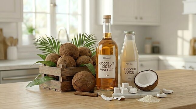 Produk botol jus dan cuka kelapa organik di atas meja dapur melambangkan kesegaran tropis dan gaya hidup detoks alami
